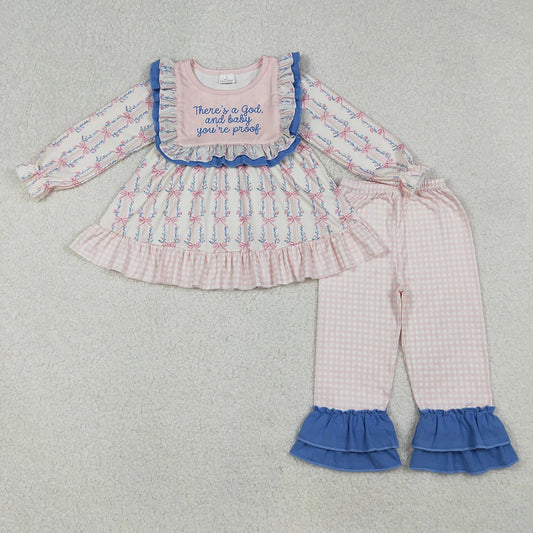 GLP2379 There's a God Flowers Bows Tunic Top Checkered Pants Girls Clothes Set