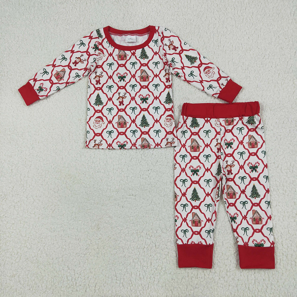 GLP2391 Santa Candy Cane Bows Print Girls Christmas Pajamas Clothes Set