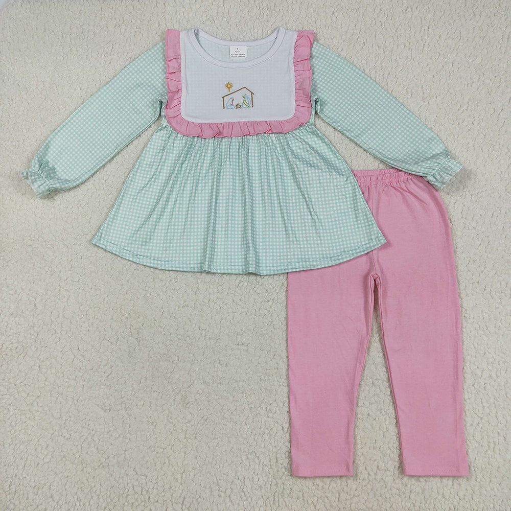 GLP2410 Nativity Embroidery Checkered Tunic Top Pink Pants Girls Christmas Clothes Set