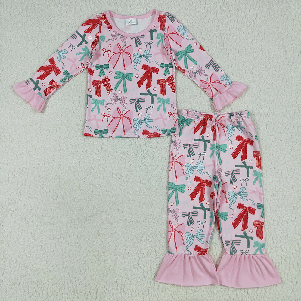 GLP2413 Green Red Bows Print Girls Christmas Pajamas Clothes Set