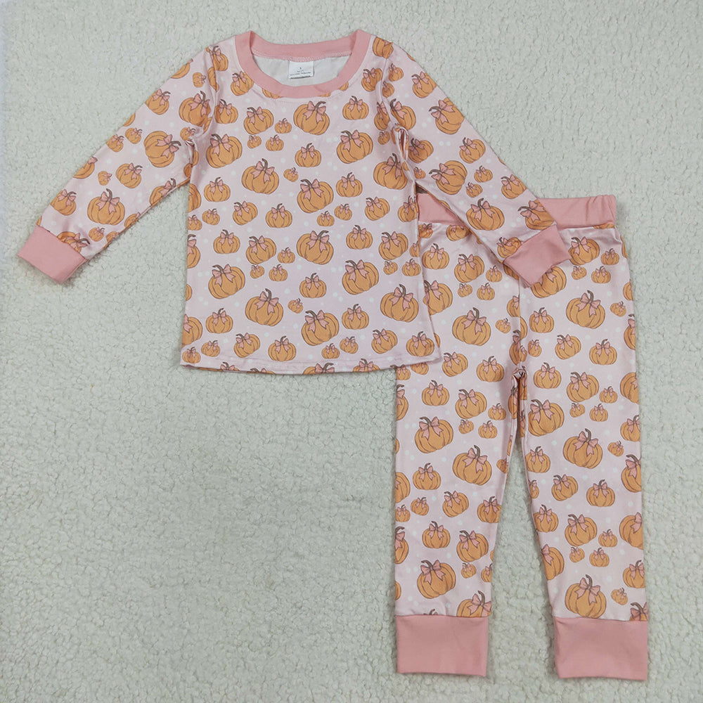 GLP2416 Pumpkin Bows Pink Print Girls Fall Pajamas Clothes Set