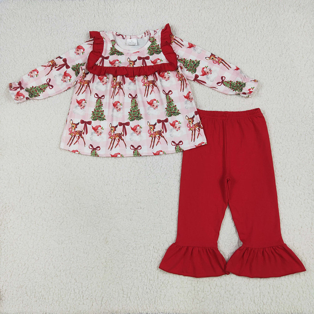 GLP2419 Santa Tree Bows Tunic Top Red Pants Girls Christmas Clothes Set