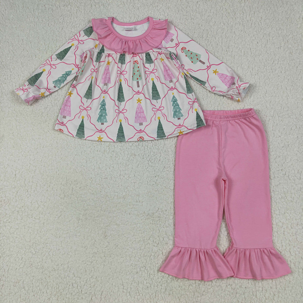GLP2420 Tree Bows Tunic Top Pink Pants Girls Christmas Clothes Set