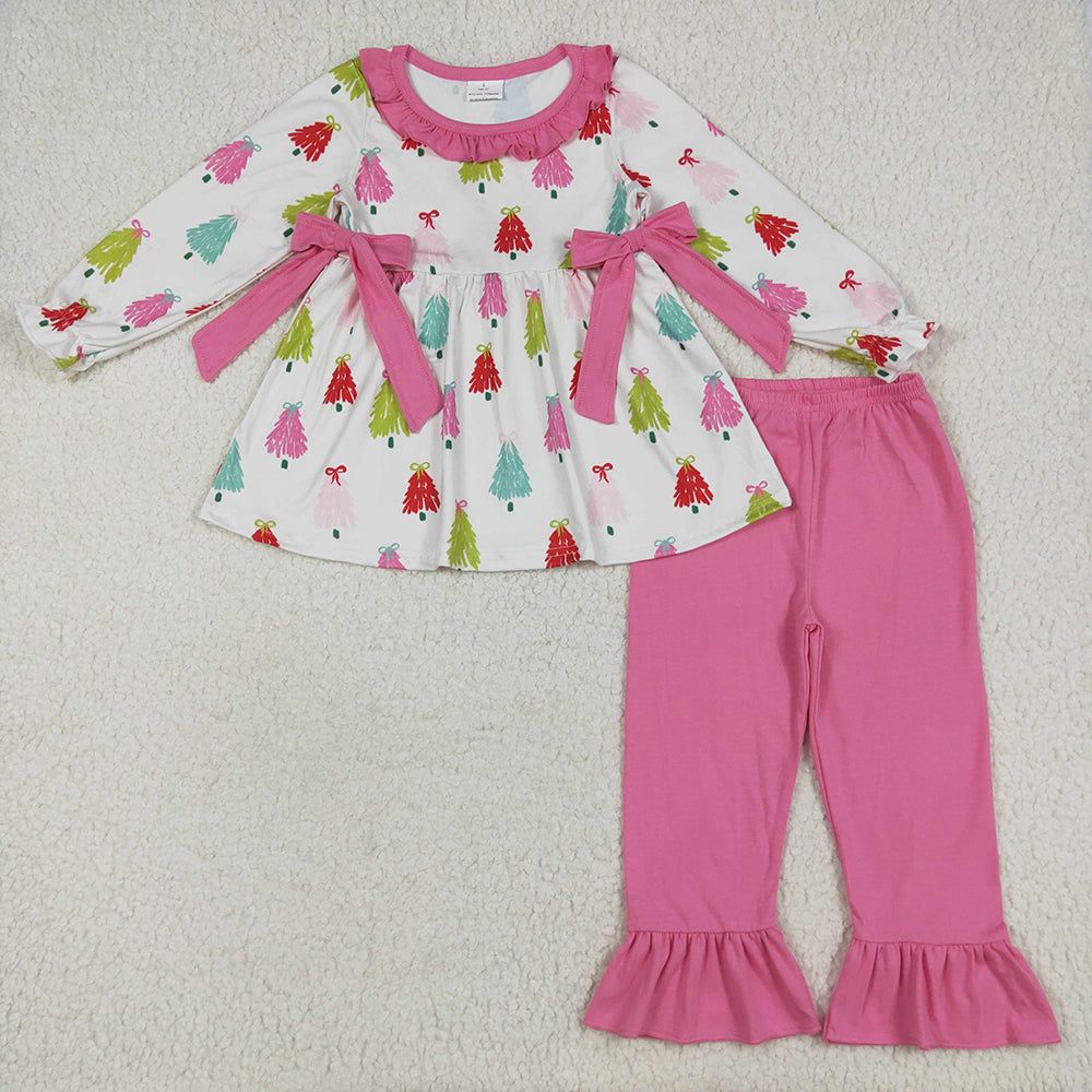 GLP2422 Colorful Tree Bows Tunic Top Pink Pants Girls Christmas Clothes Set