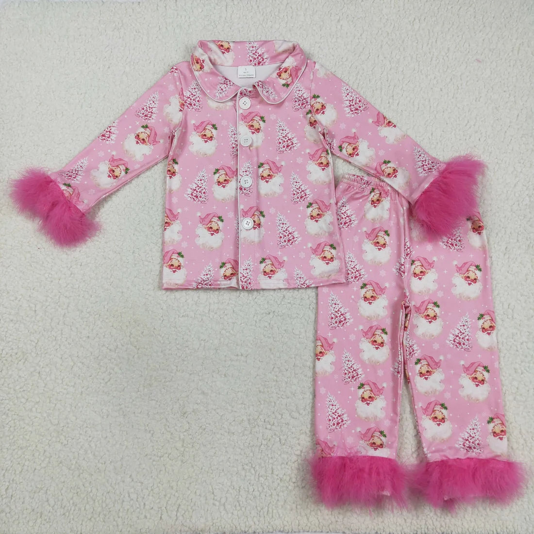 Sibling Baby Girls Sister Christmas Bows Santa Buttons Top Pants Fur Pajamas Clothes Sets