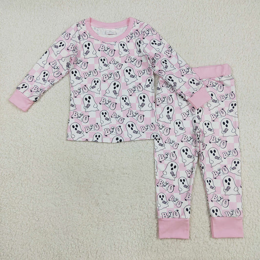 GLP2433 BOO Ghost Checkered Print Girls Halloween Pajamas Clothes Set