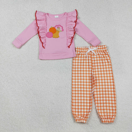 GLP2442 Turkey Pumpkin Embroidery Pink Ruffle Top Checkered Joggers Girls Thanksgiving Clothes Set