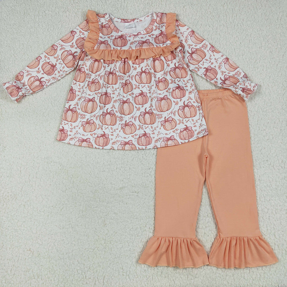 GLP2452 Pumpkin Bows Tunic Top Ruffle Pants Girls Fall Clothes Set