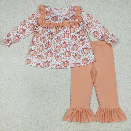 GLP2452 Pumpkin Bows Tunic Top Ruffle Pants Girls Fall Clothes Set