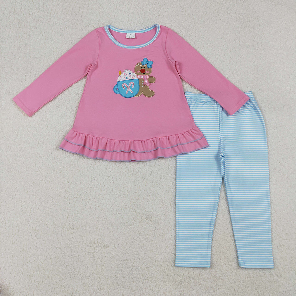 GLP2467 Gingerbread Embroidery Pink Ruffle Tunic Top Stripes Pants Girls Christmas Clothes Set