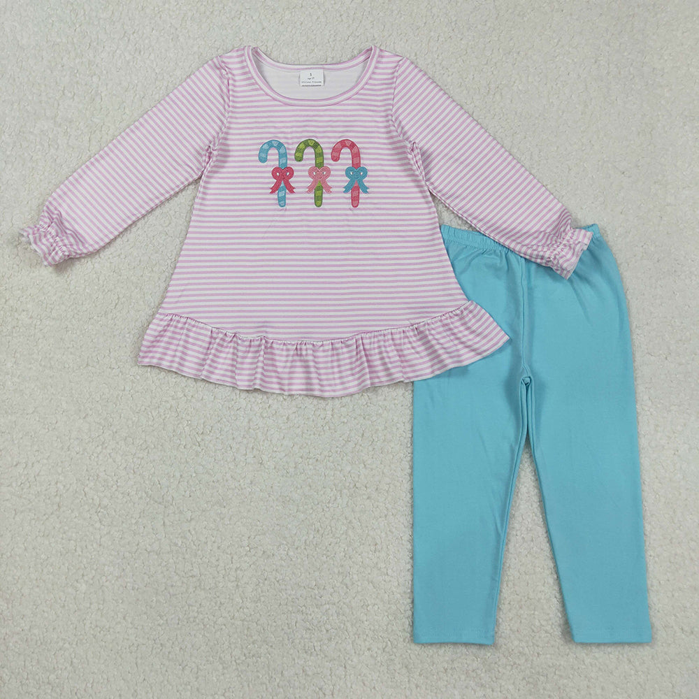 GLP2468 Candy Cane Bows Embroidery Stripes Ruffle Tunic Top Blue Pants Girls Christmas Clothes Set