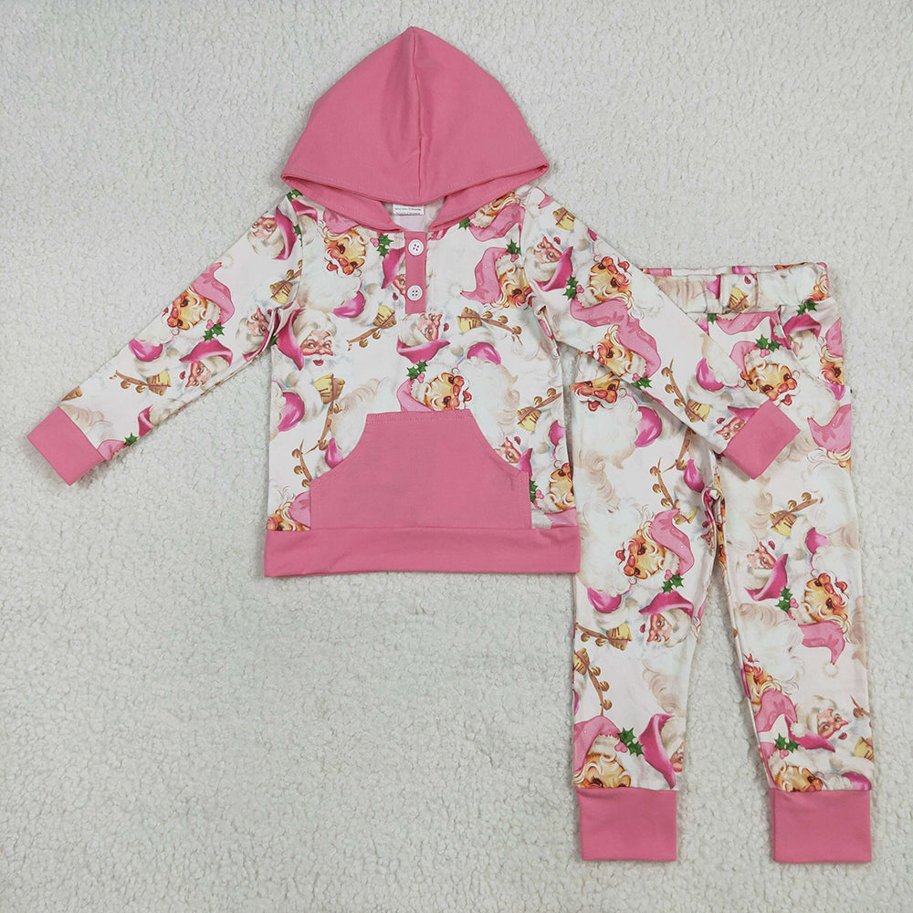 GLP2474 Santa Pink Hoodie Top Pockets Pants Girls Christmas Clothes Set
