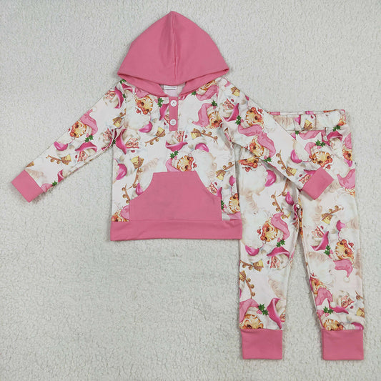 GLP2474 Santa Pink Hoodie Top Pockets Pants Girls Christmas Clothes Set