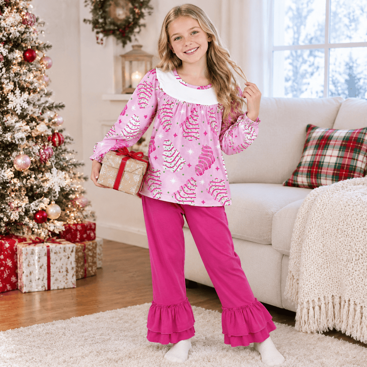 GLP2502 Debbie Cake Tunic Top Hot Pink Pants Girls Christmas Clothes Set