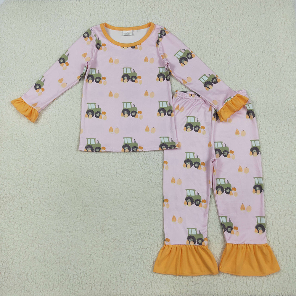 GLP2506 Pumpkin Tractors Print Girls Fall Pajamas Clothes Set