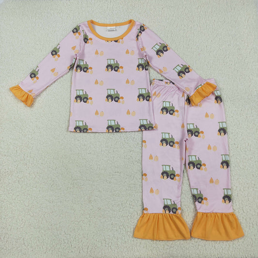 GLP2506 Pumpkin Tractors Print Girls Fall Pajamas Clothes Set