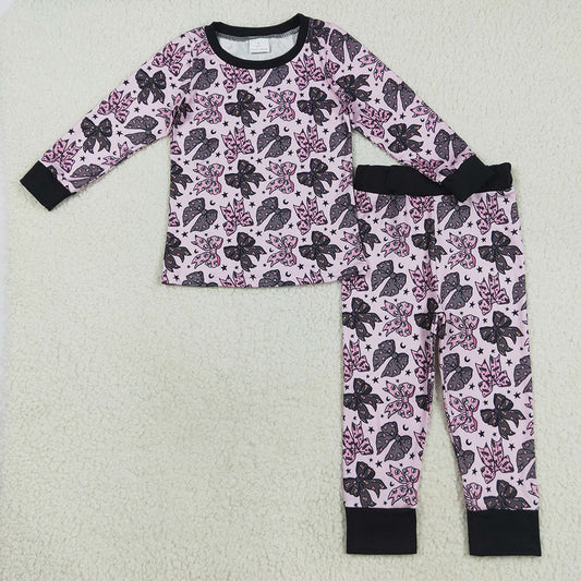 GLP2516 Pumpkin Candy Bows Print Girls Halloween Pajamas Clothes Set