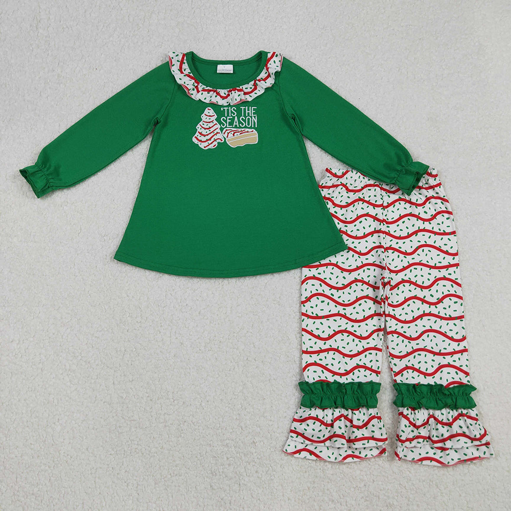 GLP2518 'ITS THE SEASON Debbie Cake Embroidery Green Tunic Top Sprinkles Ruffle Pants Girls Christmas Clothes Set