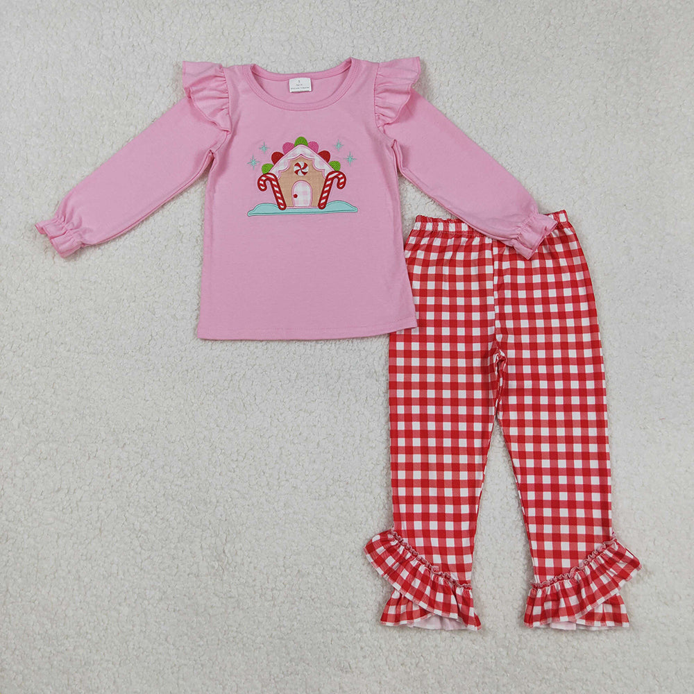 GLP2523 Candy House Embroidery Pink Top Checkered Pants Girls Christmas Clothes Set