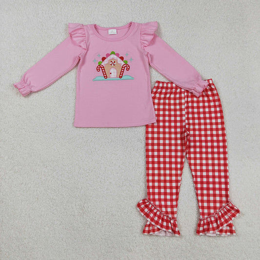 GLP2523 Candy House Embroidery Pink Top Checkered Pants Girls Christmas Clothes Set