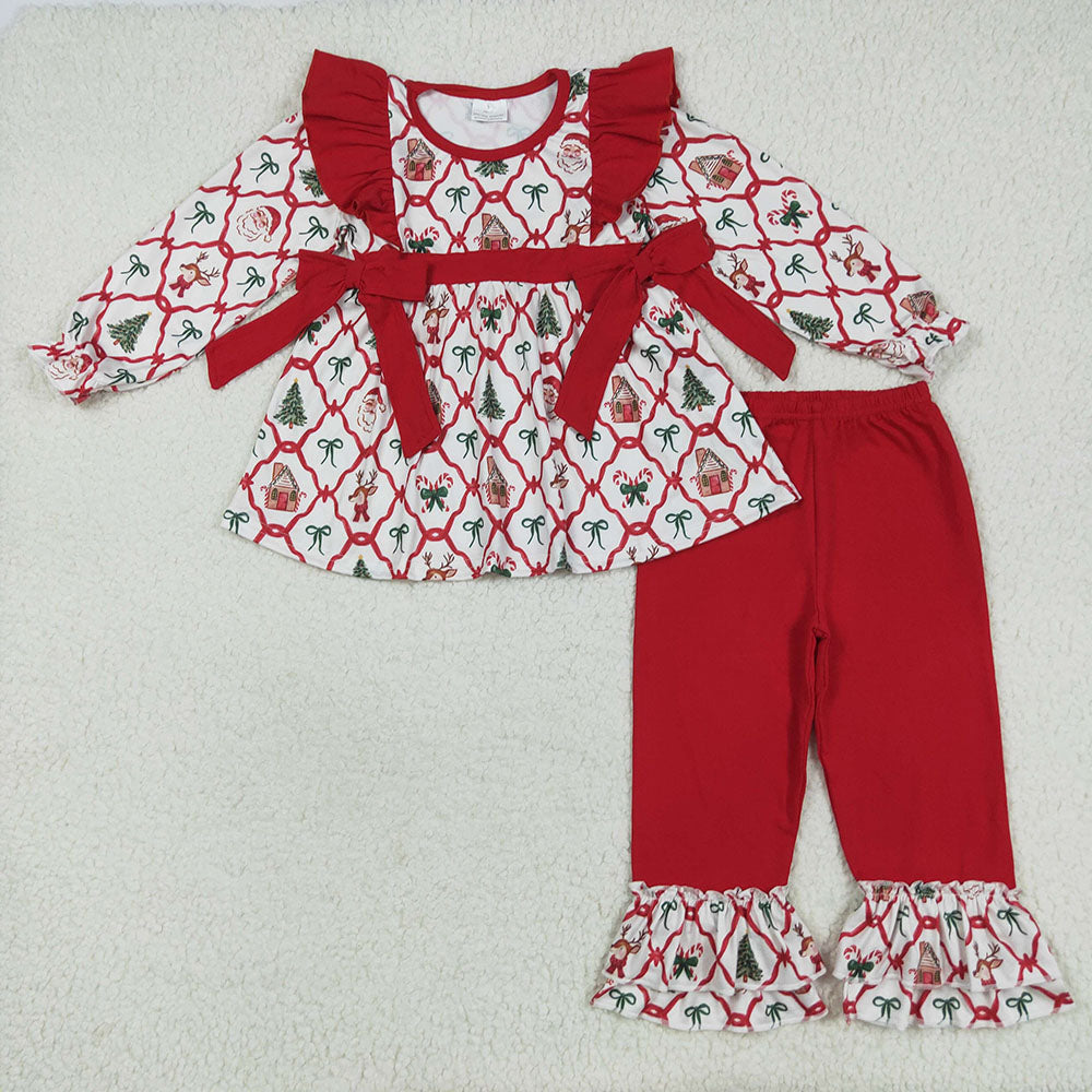GLP2525 Santa Candy Cane Bows Tunic Top Red Pants Girls Christmas Clothes Set