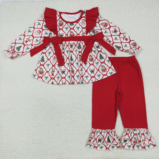 GLP2525 Santa Candy Cane Bows Tunic Top Red Pants Girls Christmas Clothes Set