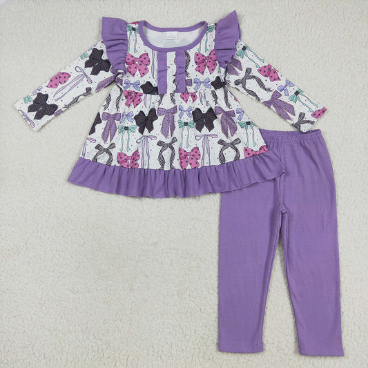GLP2528 Bows Ruffle Tunic Top Purple Legging Pants Girls Halloween Clothes Set