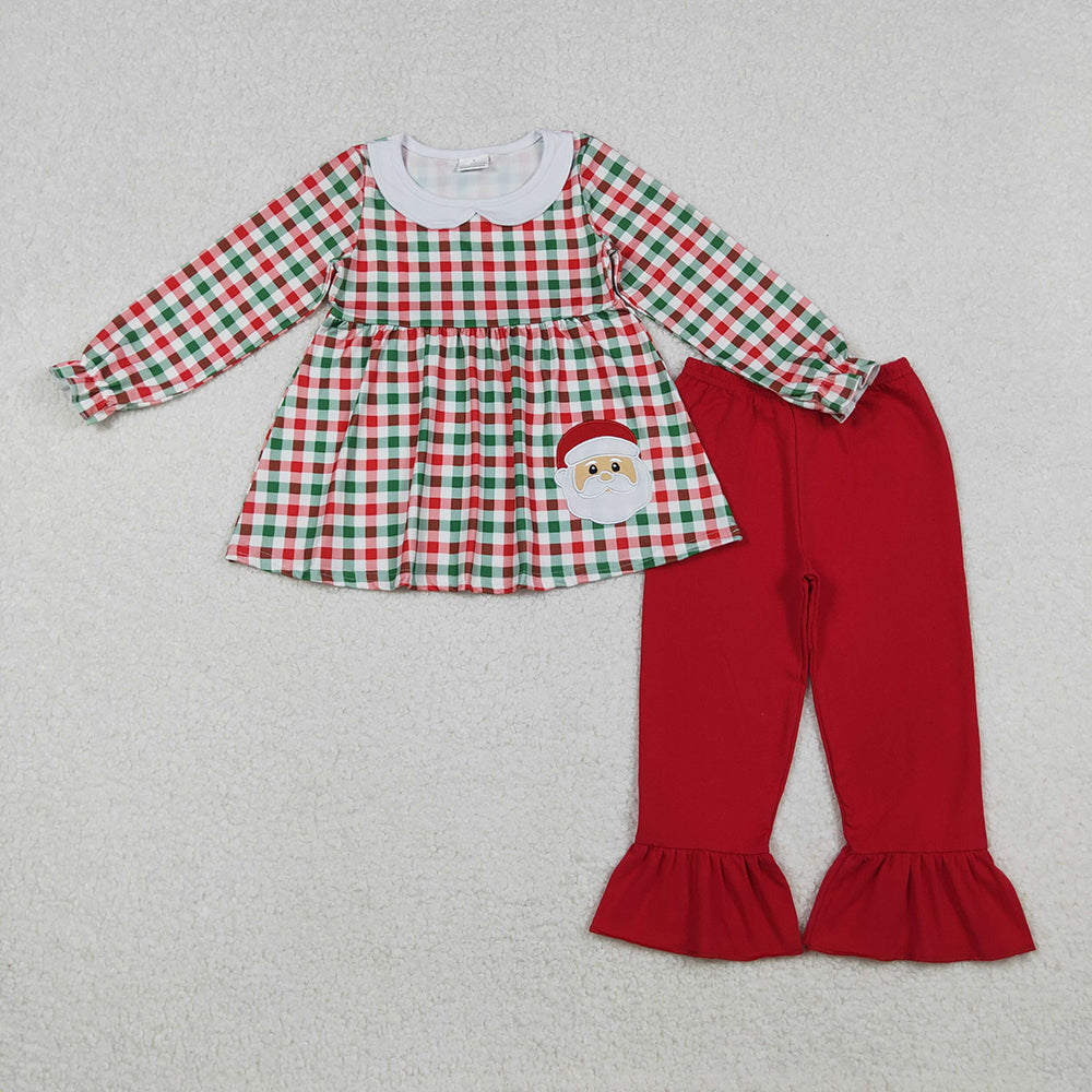 GLP2530 Santa Embroidery Checkered Tunic Top Red Pants Girls Christmas Clothes Set