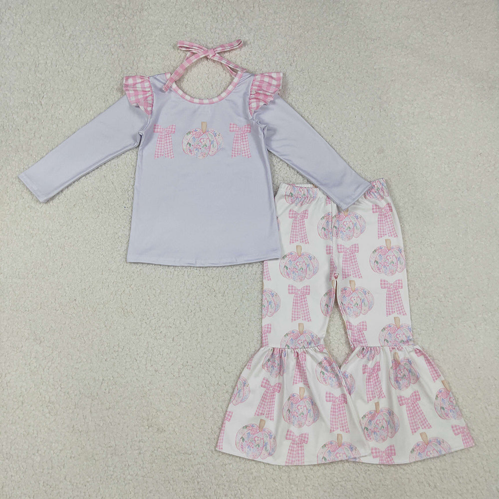 GLP2532 Pumpkin Bows Top Bell Pants Girls Fall Clothes Set