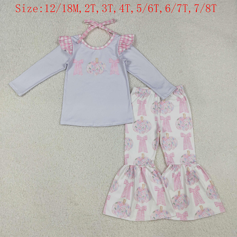 GLP2532 Pumpkin Bows Top Bell Pants Girls Fall Clothes Set