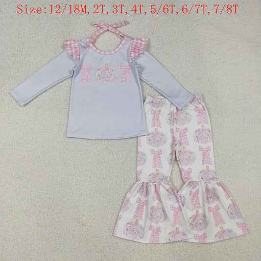 GLP2532 Pumpkin Bows Top Bell Pants Girls Fall Clothes Set