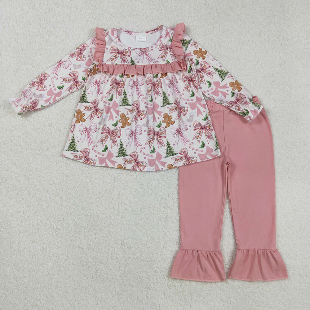 GLP2541 Gingerbread Tree Candy Cane Bows Tunic Top Pink Pants Girls Christmas Clothes Set