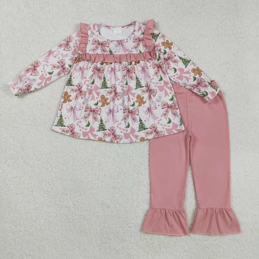 Sibling Baby Girls Pink Bows Gingerbread Trees Top Pants Christmas Pajamas Clothes Sets