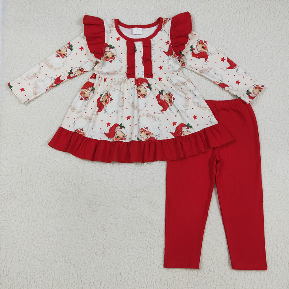 GLP2558 Santa Holly Stars Tunic Top Red Pants Girls Christmas Clothes Set