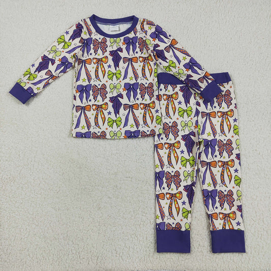 GLP2566 Bows Stars Purple Print Girls Halloween Pajamas Clothes Set