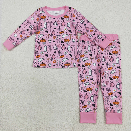 GLP2567 Pumpkin Ghost Flowers Bows Pink Print Girls Halloween Pajamas Clothes Set