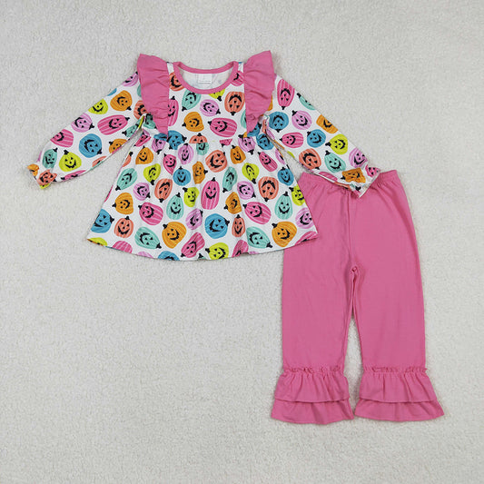 GLP2569 Colorful Pumpkin Tunic Top Hot Pink Ruffle Pants Girls Halloween Clothes Set