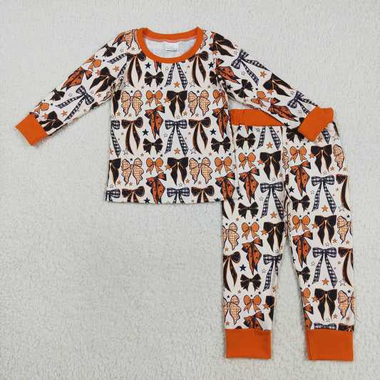 GLP2573 Bows Stars Orange Print Girls Halloween Pajamas Clothes Set