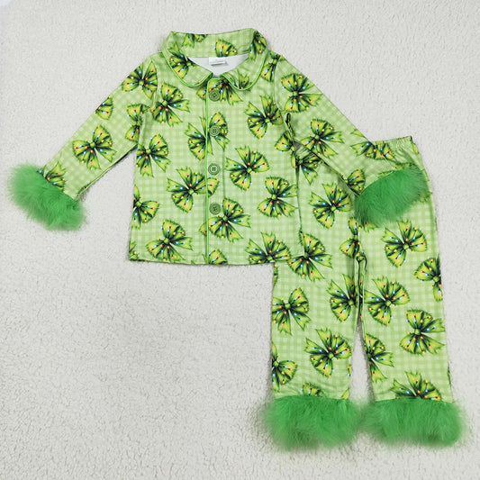 GLP2581 Green Frog Bows Checkered Print Girls Christmas Buttons Fur Pajamas Clothes Set