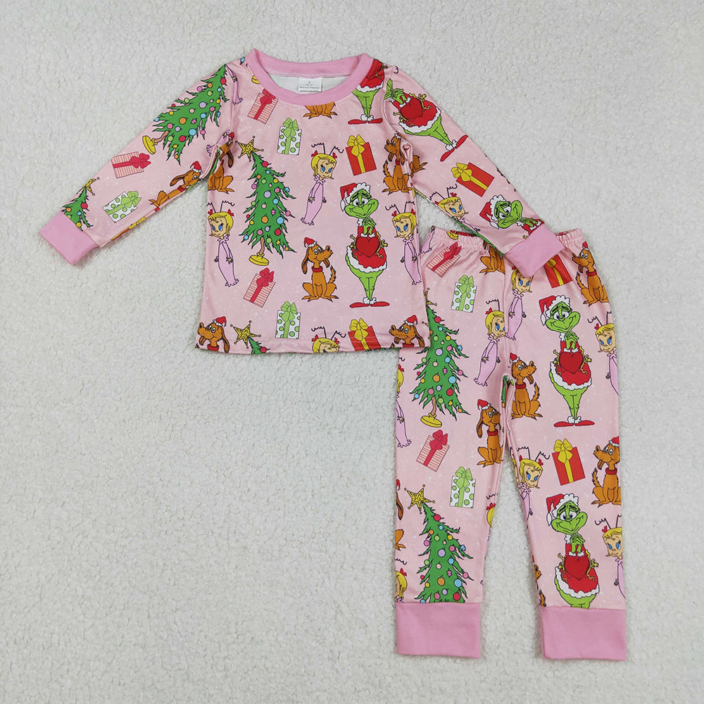 BLP2591 Green Frog Tree Pink Print Girls Christmas Pajamas Clothes Set