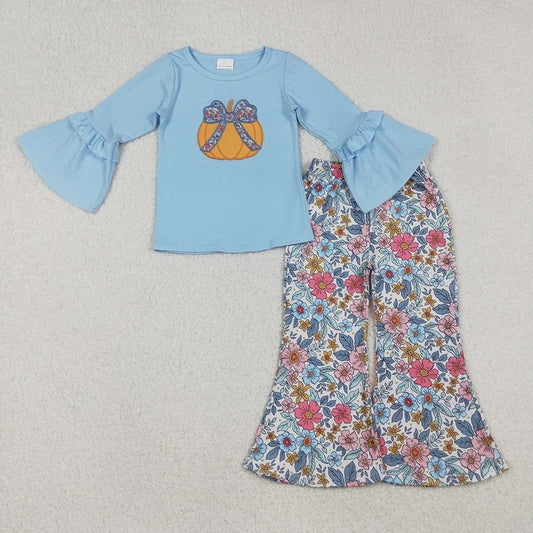 GLP2596 Pumpkin Embroidery Blue Top Flowers Bell Pants Girls Fall Clothes Set