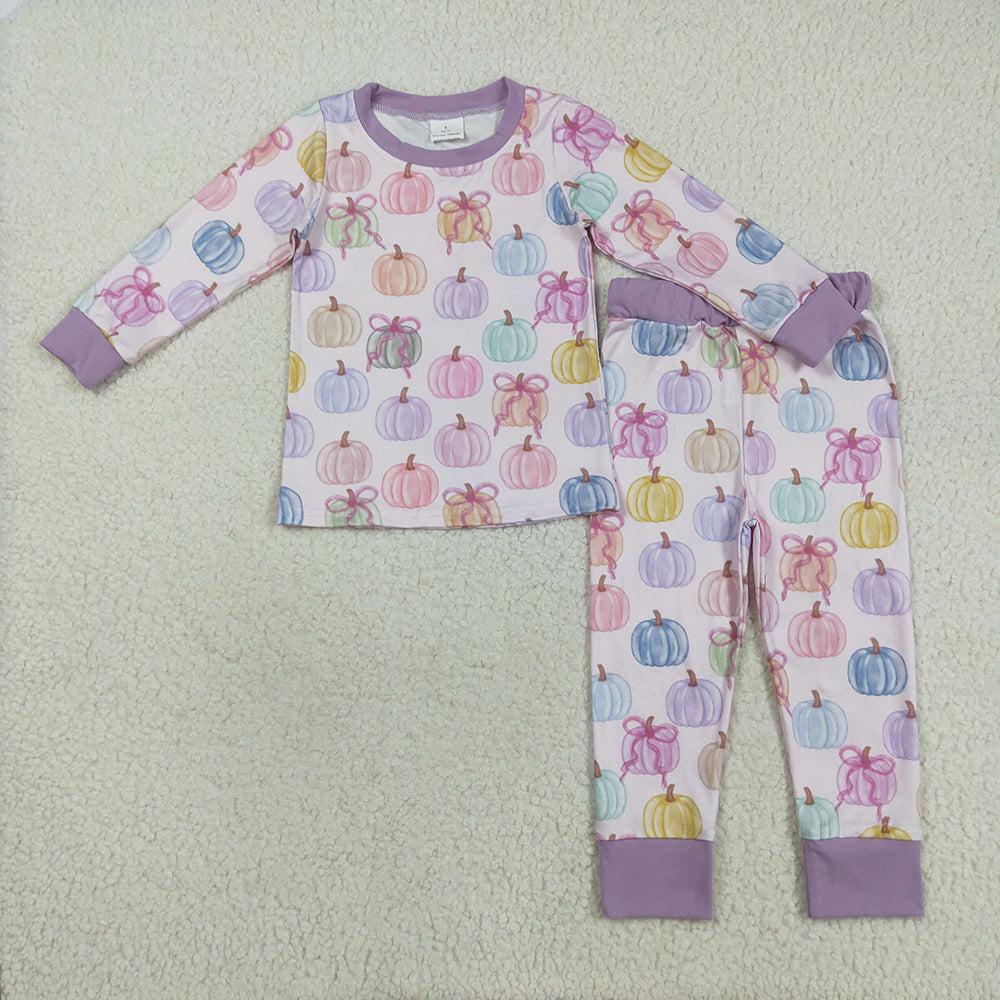 GLP2597 Colorful Pumpkin Bows Print Girls Fall Pajamas Clothes Set