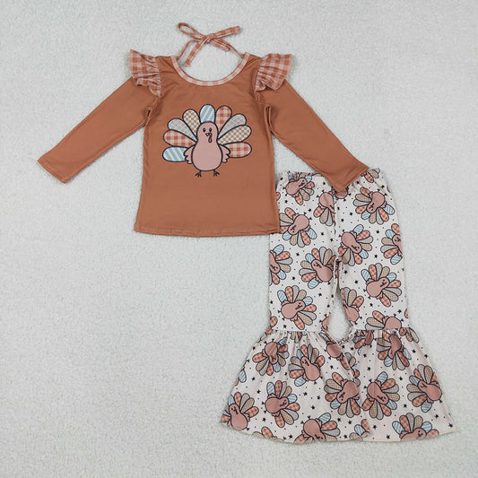 GLP2605  Turkey Brown Top Bell Pants Girls Thanksgiving Clothes Set