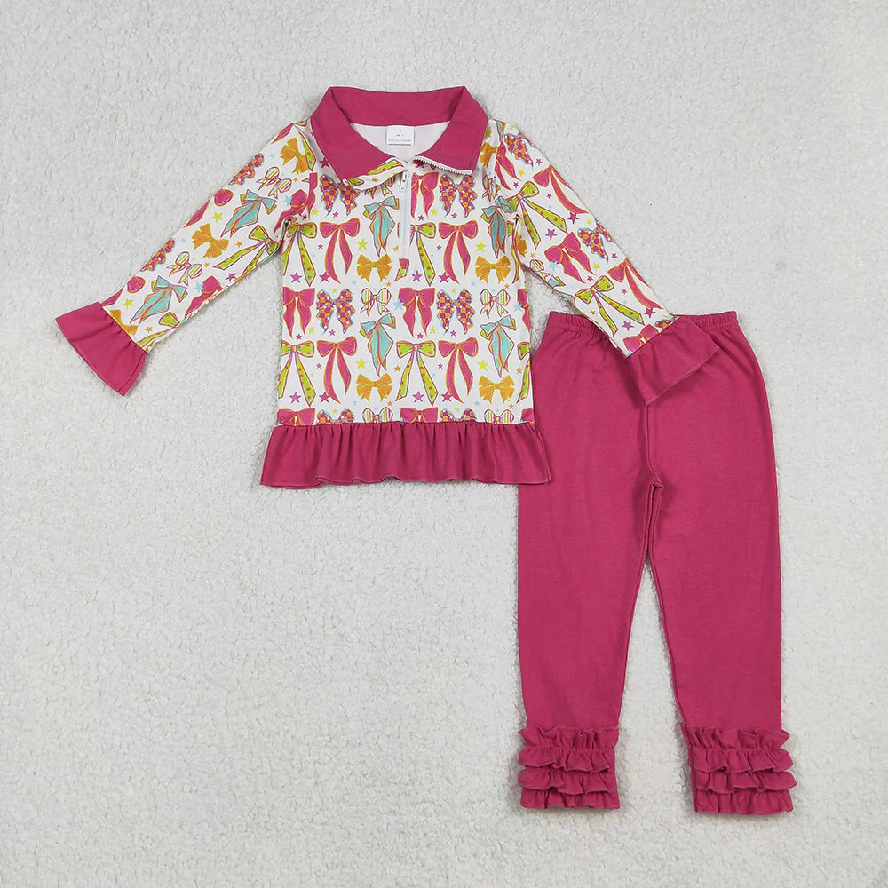 Baby Girls Long Ruffle Sleeves Pink Bows Stars Zipper Top Legging Pants Sets
