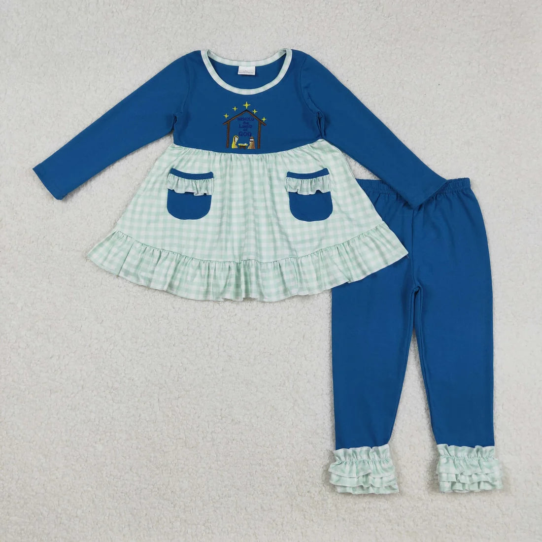 Sibling Baby Girls Embroidery Santa Nativity Candy Cane Lights Tunic Pants Christmas Clothes Sets
