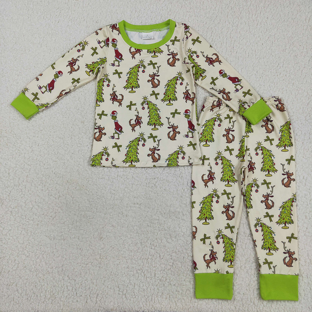 GLP2627 Green Frog Tree Bows Print Girls Christmas Pajamas Clothes Set