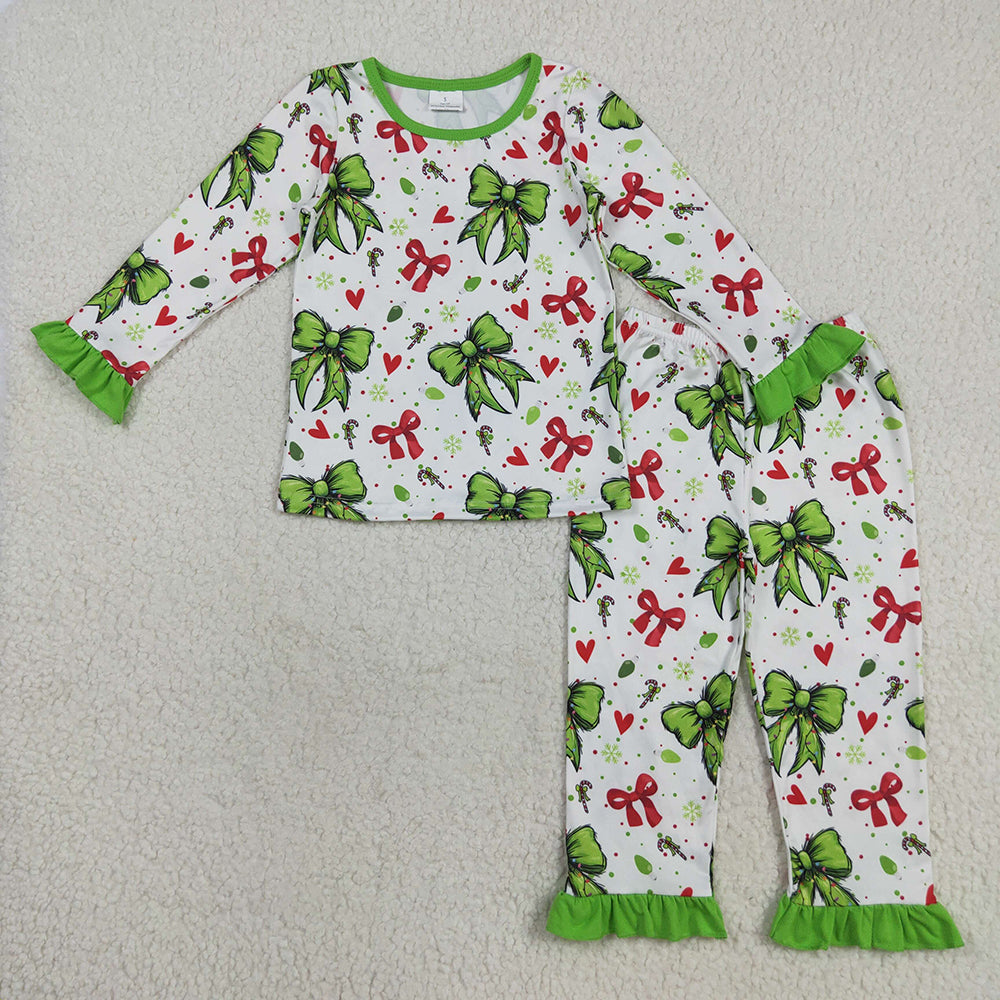 GLP2628 Green Frog Bows Candy Cane Print Girls Christmas Pajamas Clothes Set