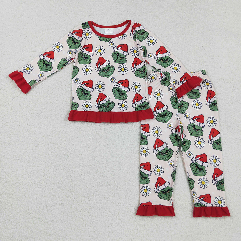 GLP2635 Green Frog Smiling Flowers Print Girls Christmas Pajamas Clothes Set