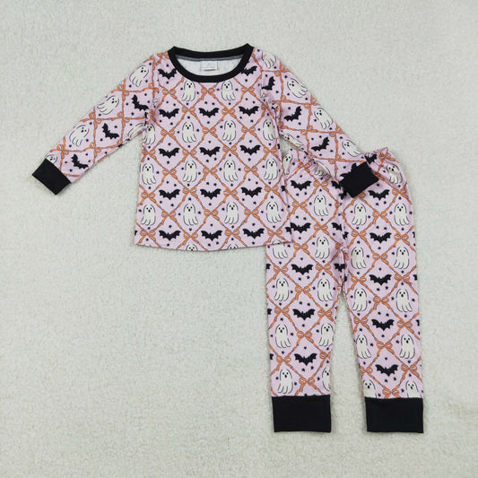 GLP2639 Ghost Bat Bows Print Girls Halloween Pajamas Clothes Set