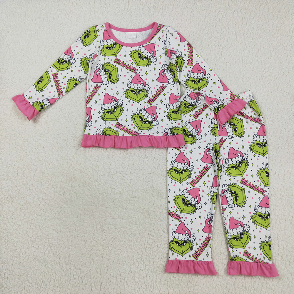 GLP2645 Green Frog Smiling Pink Print Girls Christmas Pajamas Clothes Set